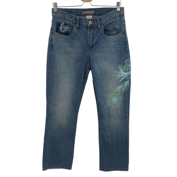 VTG Z Cavaricci Women 10 Distressed Blue Denim Jeans Beaded Flower Floral Design - Picture 1 of 13